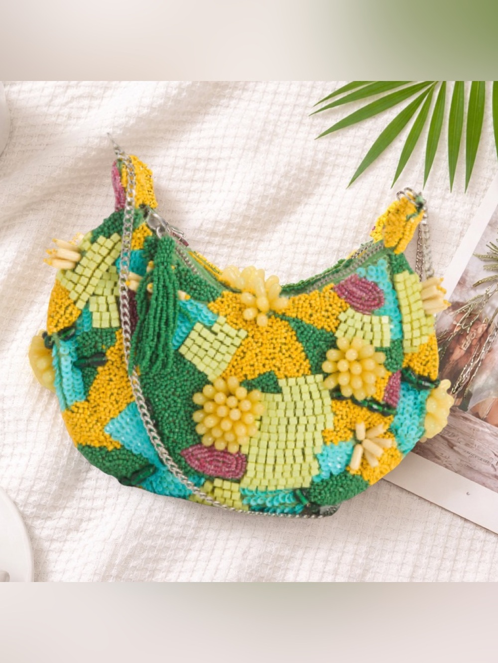 INDIA Boho Green Yellow Citrus Beaded Floral Patchwork Chain Shoulder Bag NWT